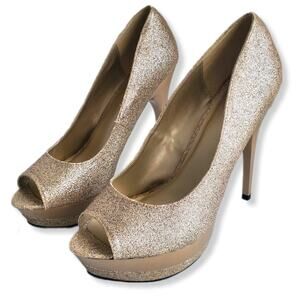 Women Glitter Platform Peeptoe Shoe 11 Gold Champagne NYE Cocktail Dance Club